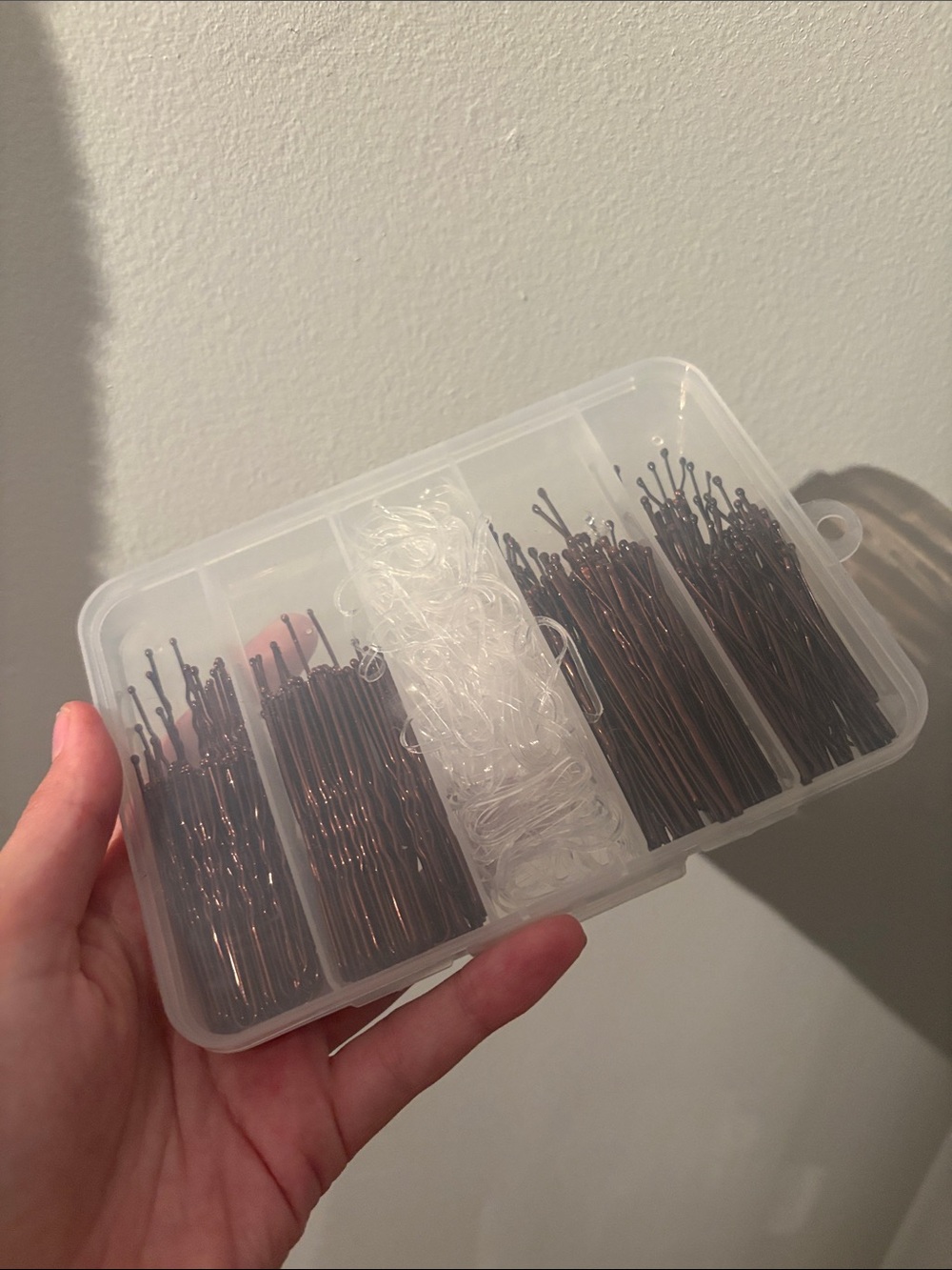 Clear Organizer Box with Brown Hair Pins and Clear Elastics